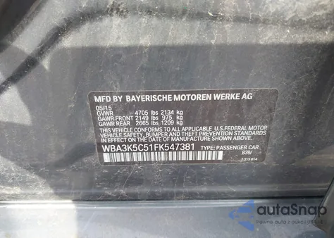 2015 BMW 328D xDrive z USA, uszkodzony, nr VIN WBA3K5C51FK547381